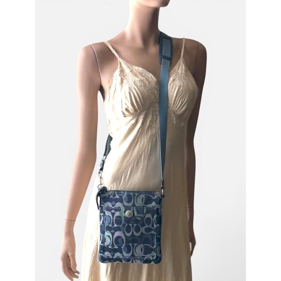 Coach Handbags - Coach Op Art Signature Blue Crossbody Bag Teal Trim Zip Top Adjustable Strap Y2K